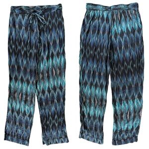 ASCENO 100% Silk Blue & Gray Geometric Zip Zag Chevron Pants Size Small